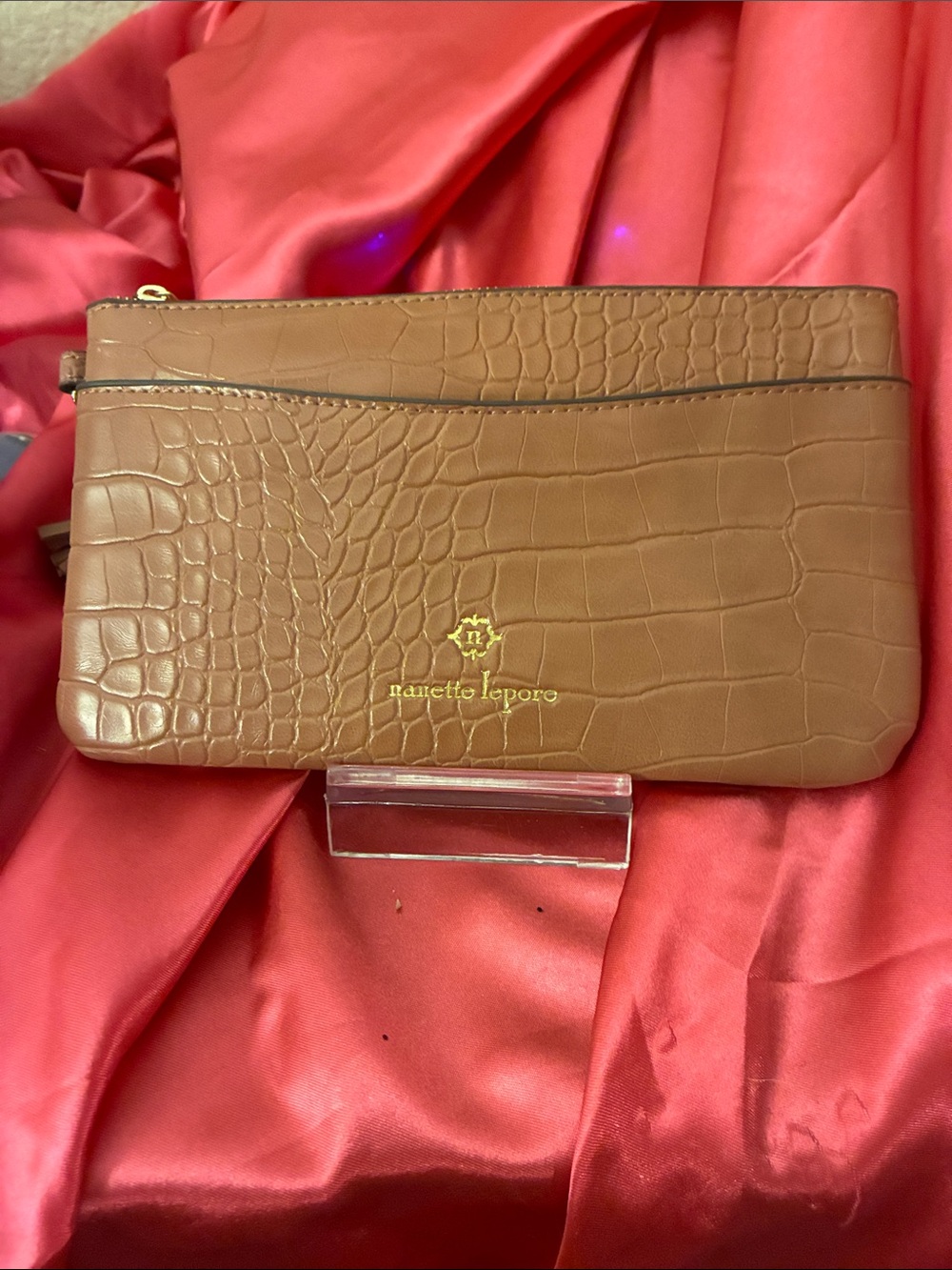 Nanette Lepore Tan Croc-Embossed Leather Wristlet with Gold Logo